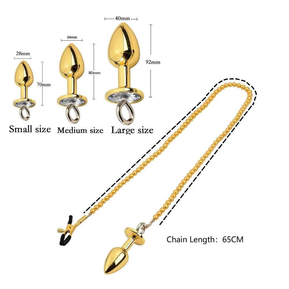 Small Medium Large Anal Beads Butt plug Pearl Nipple Clamps Set With Chain Metal Breast Clip Bondage Slave Couple Game Sex Toy