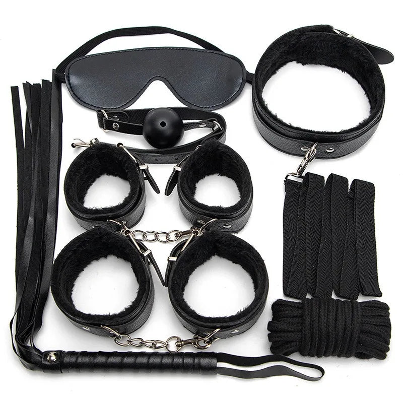 LustLab: 7 Piece BDSM Kit - Adult Roleplay Accessories, Adjustable Restraints and Whip