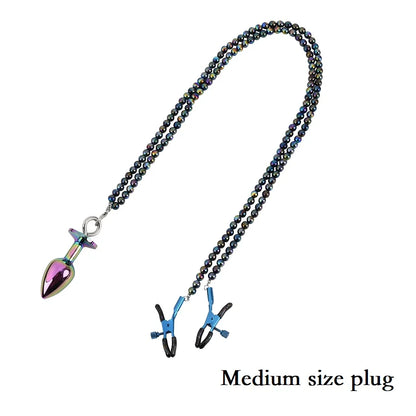 Small Medium Large Anal Beads Butt plug Pearl Nipple Clamps Set With Chain Metal Breast Clip Bondage Slave Couple Game Sex Toy