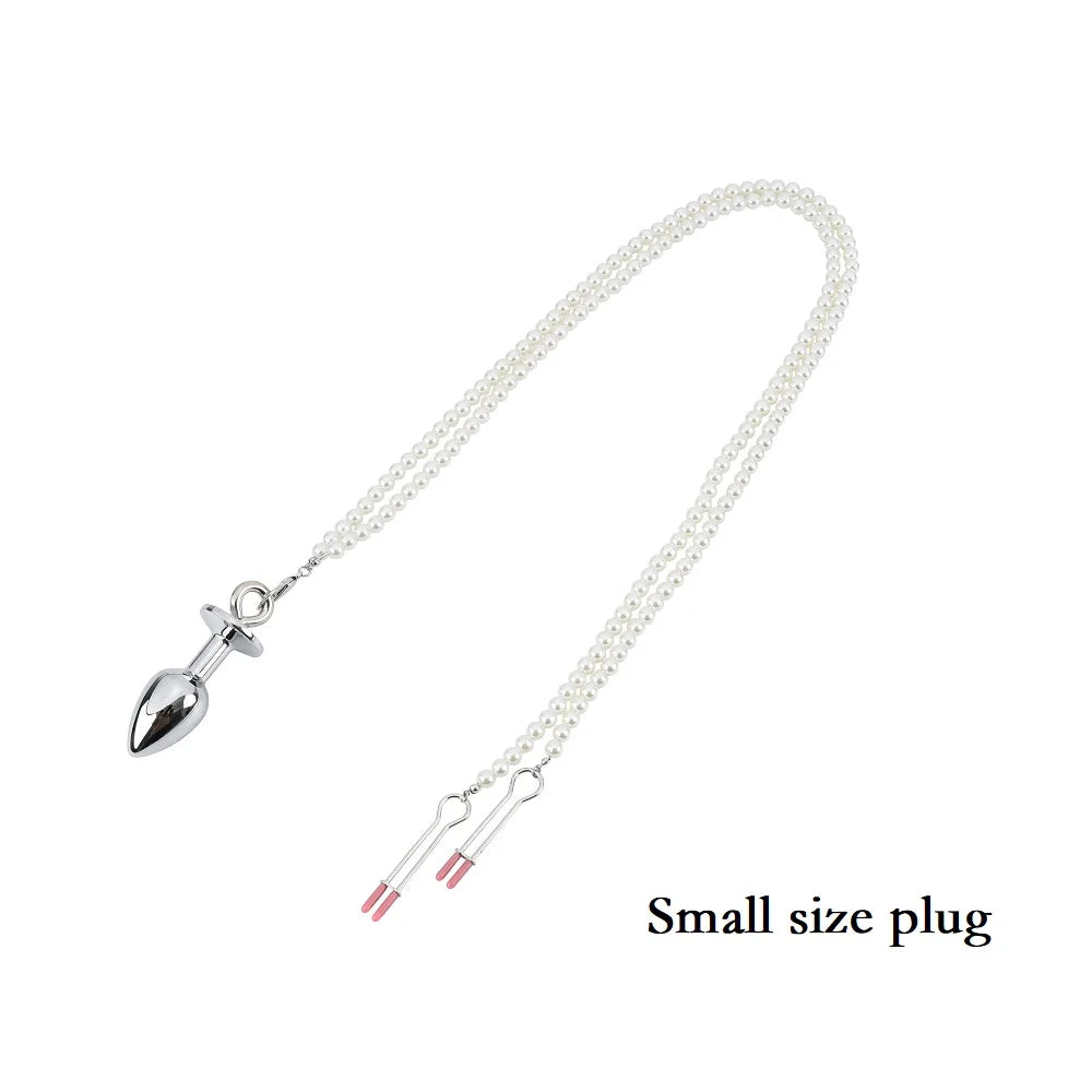 Small Medium Large Anal Beads Butt plug Pearl Nipple Clamps Set With Chain Metal Breast Clip Bondage Slave Couple Game Sex Toy