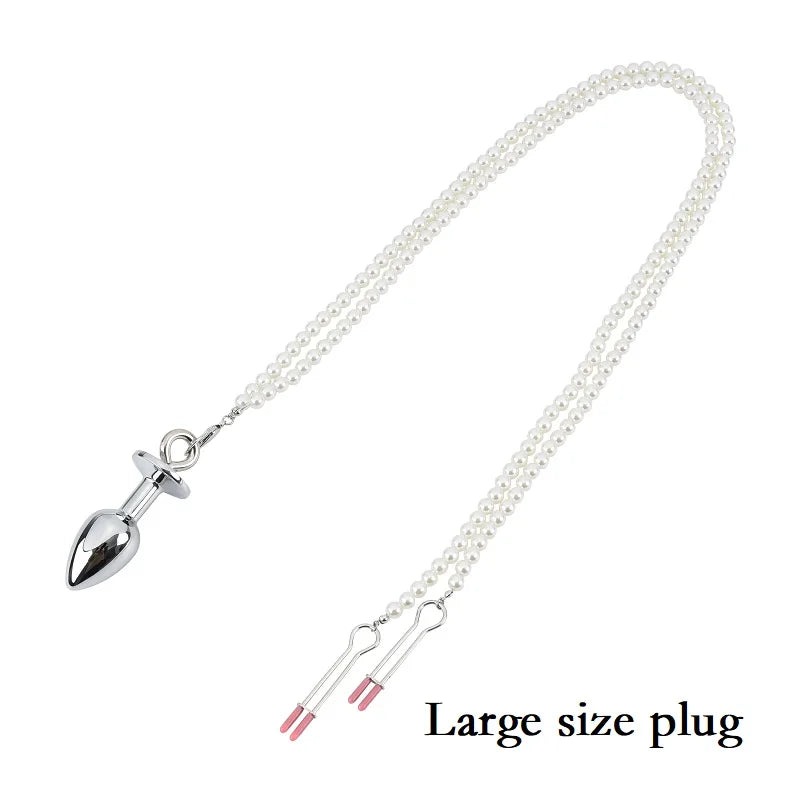 Small Medium Large Anal Beads Butt plug Pearl Nipple Clamps Set With Chain Metal Breast Clip Bondage Slave Couple Game Sex Toy