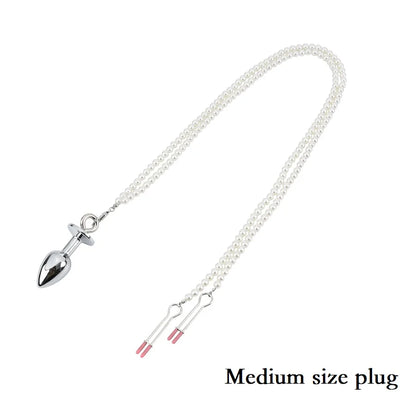 Small Medium Large Anal Beads Butt plug Pearl Nipple Clamps Set With Chain Metal Breast Clip Bondage Slave Couple Game Sex Toy