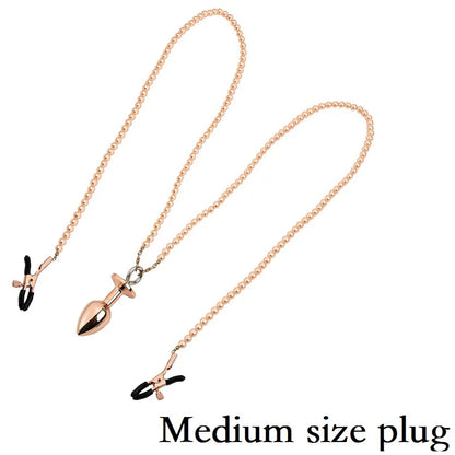 Small Medium Large Anal Beads Butt plug Pearl Nipple Clamps Set With Chain Metal Breast Clip Bondage Slave Couple Game Sex Toy