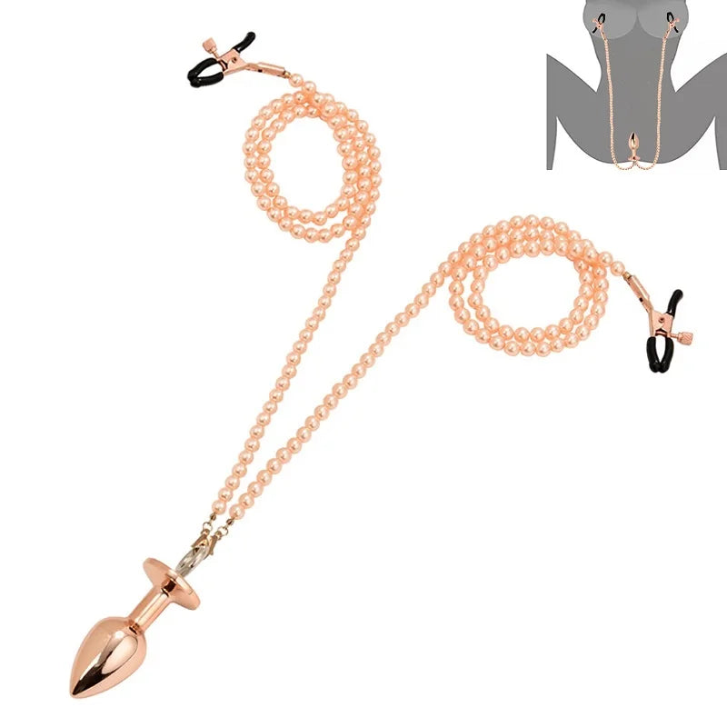 Small Medium Large Anal Beads Butt plug Pearl Nipple Clamps Set With Chain Metal Breast Clip Bondage Slave Couple Game Sex Toy