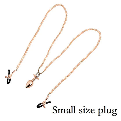 Small Medium Large Anal Beads Butt plug Pearl Nipple Clamps Set With Chain Metal Breast Clip Bondage Slave Couple Game Sex Toy