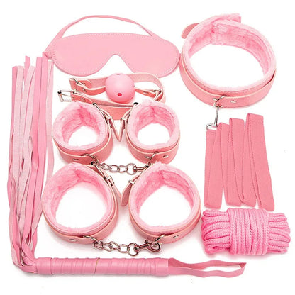 LustLab: 7 Piece BDSM Kit - Adult Roleplay Accessories, Adjustable Restraints and Whip