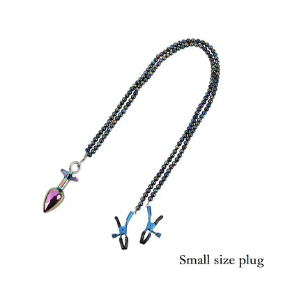 Small Medium Large Anal Beads Butt plug Pearl Nipple Clamps Set With Chain Metal Breast Clip Bondage Slave Couple Game Sex Toy