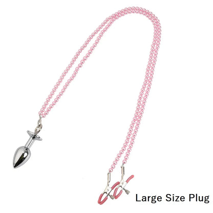 Small Medium Large Anal Beads Butt plug Pearl Nipple Clamps Set With Chain Metal Breast Clip Bondage Slave Couple Game Sex Toy