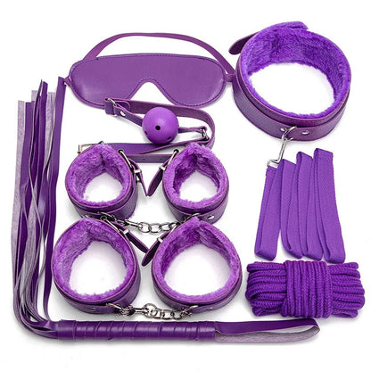 LustLab: 7 Piece BDSM Kit - Adult Roleplay Accessories, Adjustable Restraints and Whip